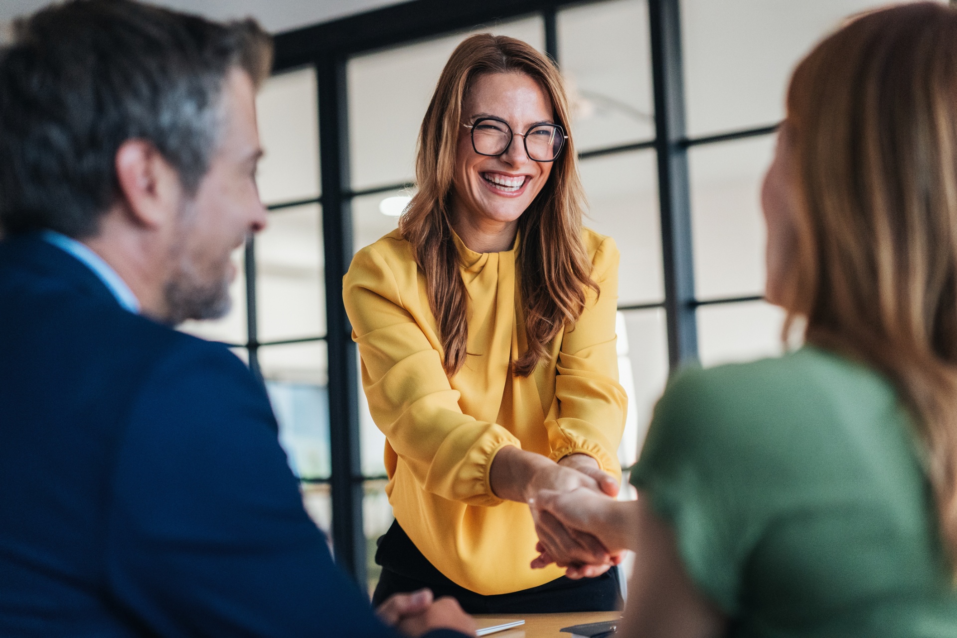 Smiling executive shaking hands in a meeting